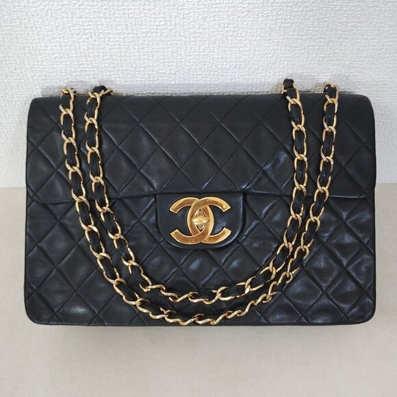 Authentic CHANEL Jumbo Maxi XL 24K Gold Flap Bag Lambskin Chain Shoulder Black - Picture 3 of 16
